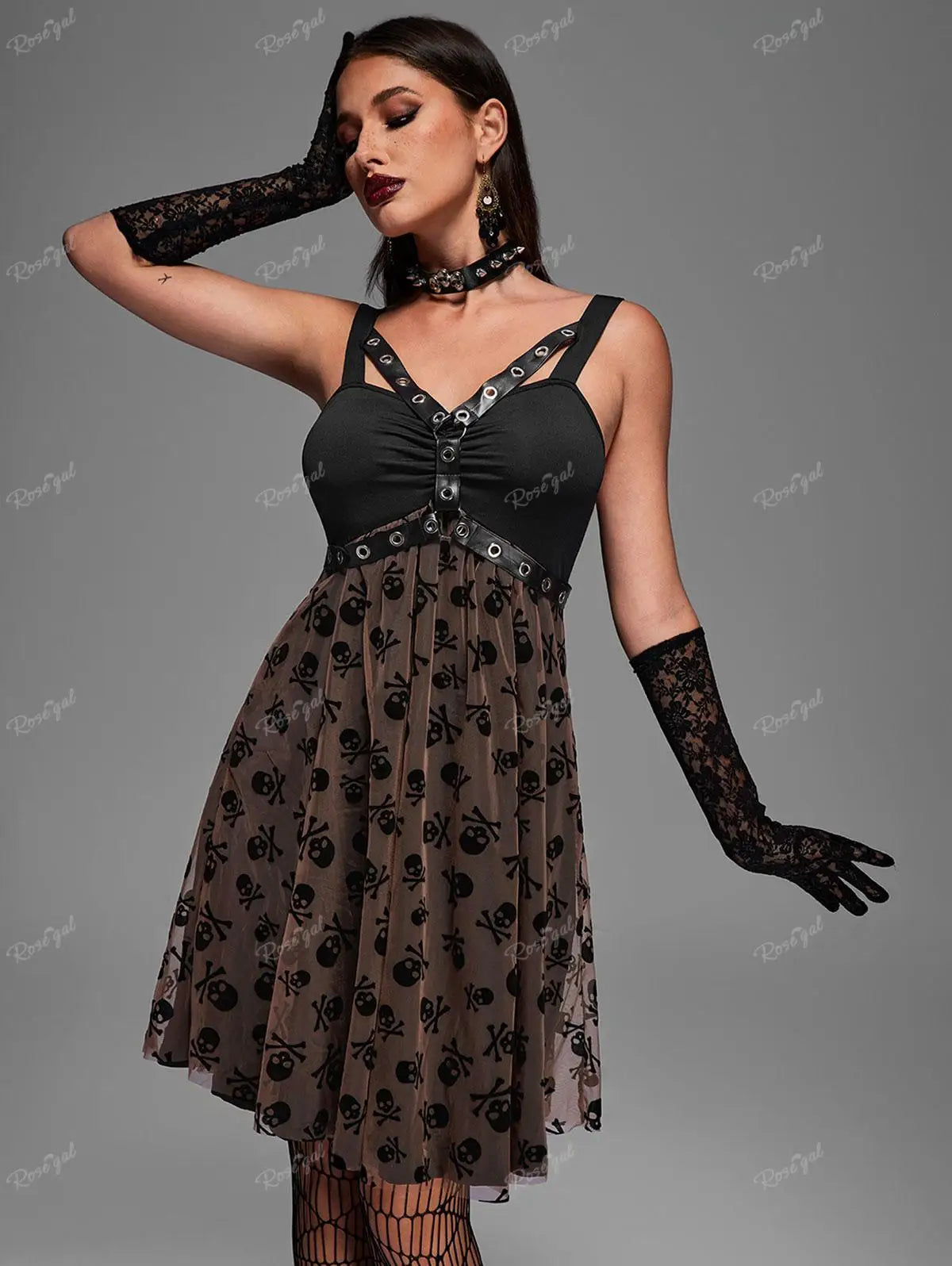 Ros gal Plus Size Prom Freizeit kleider neue Frauen Gothic Skull Print Mesh Ösen Pu Leder Streifen geraffte Kleid Vestidos