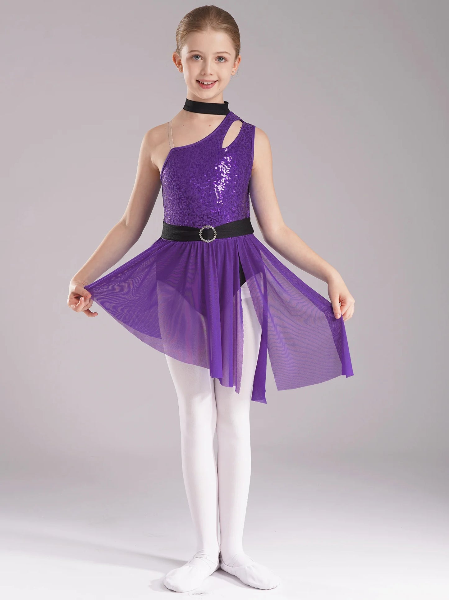 Kids Girls Lyrical Dance Costume Cutout One Shoulder Ballet Asymmetrical Tulle Dress Leotard Modern Contemporary Dancewear