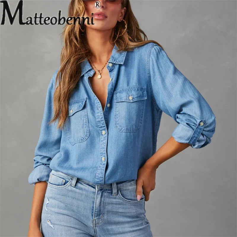 Herbst dünne Jeans hemd Damen einreihige Spleiß tasche Langarm Revers Tops Damen bequeme Pendler lässige Bluse