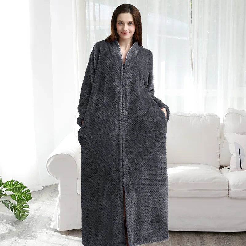 Frauen Winter extra lange warme Jacquard Flanell Bademantel schwangeren Reiß verschluss plus Größe Bademantel Lounge Korallen Fleece Bademantel