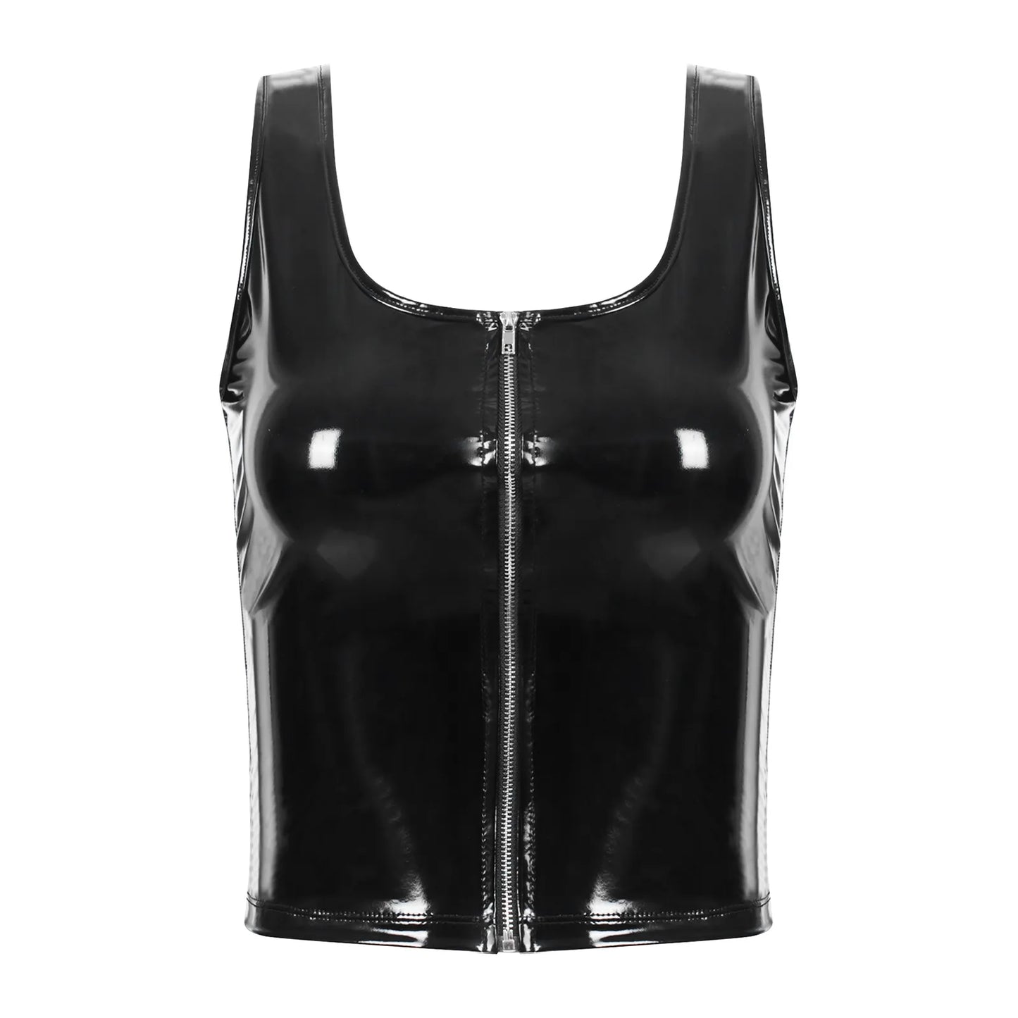 Frauen Wet Look Patent Leder Square Neck Zip Up Tank Tops Weste Club Party Festival Rave Dance Leibchen Bustier Clubwear