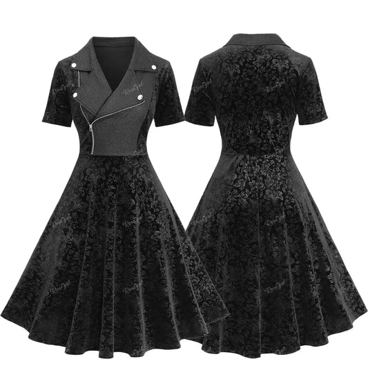 ROSEGAL Plus Size Gothic Floral Samt Kleider Geprägte Rissige Strukturierte Reißverschluss Umlegekragen Patchwork Partykleid Vestidos