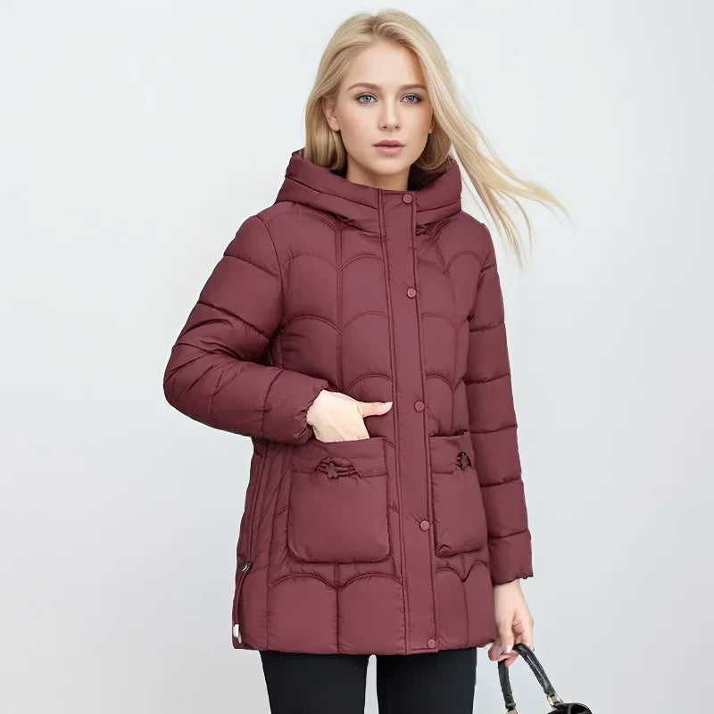 2024 Winter Damen Daunen Baumwolle warme Mäntel neue stilvolle Midi-Länge Kapuze leichte gepolsterte Parkas Taschen lose Jacke weiblich