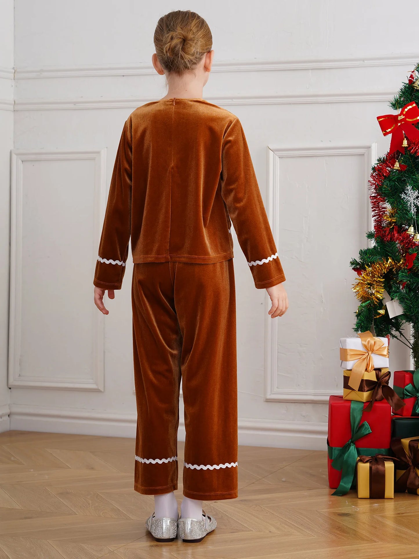 Girls Christmas Gingerbread Man Costume Velvet Long SleeveTop with Pants for Xmas Holiday Cookie Cosplay Dress Up Party