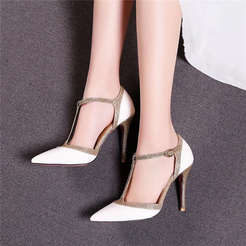 Sommer Frauen Pumps 10cm hohe dünne Ferse spitzen Zehen d'orsay Gold Silber Lack leder Party Büro Dame T-Riemen Stiletto Sandalen