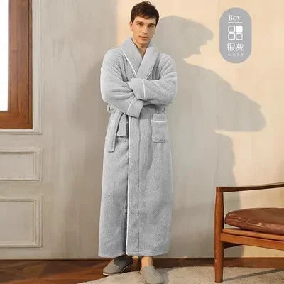 Doppelseitige Verdicken Flanell Herbst Winter Korallen Fleece Paar Lange Robe Hause Kleidung Lange Bademantel Nachtwäsche Lose Loungewear