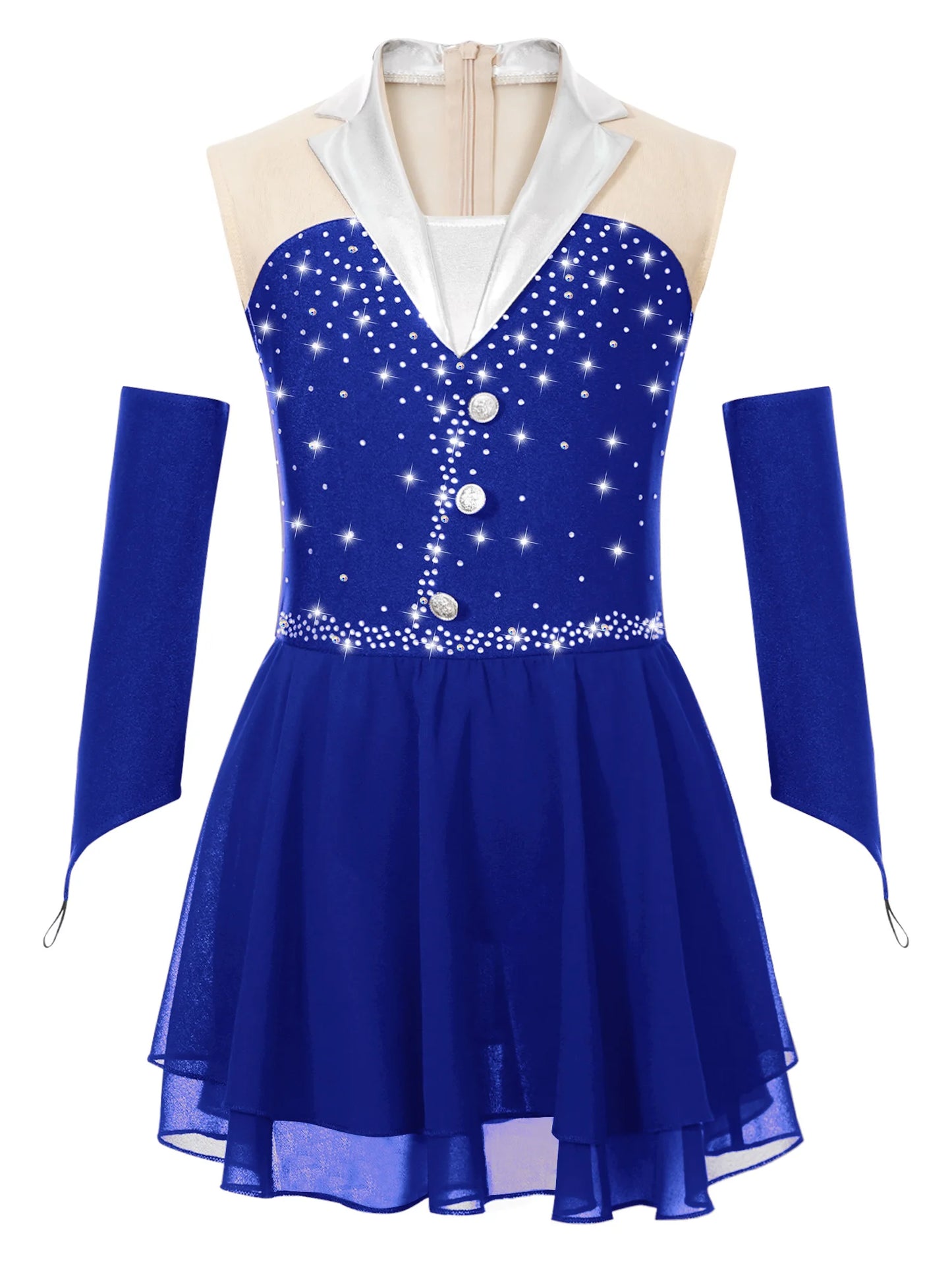 Kids Girls Figure Skating Costume Sequins Ballet Dance Dress with Fingerless Gloves Gymnastics Skirted Leotard Lyrical Dancewear