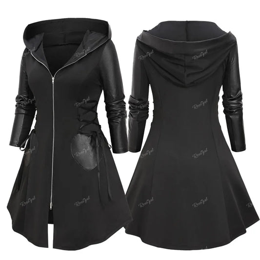 Ros gal Plus Size Kapuze Reiß verschluss Mantel schwarz Schnürung Pu Leder Patchwork trägt neue Damen High Taille Jacke Mäntel 4xl