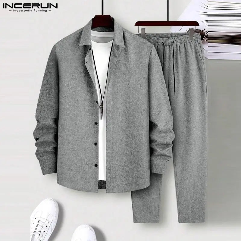 INCERUN Men Sets Solid Color Lapel Long Sleeve Shirt & Drawstring Pants 2PCS Streetwear 2023  Loose Men's Casual Suits S-5XL