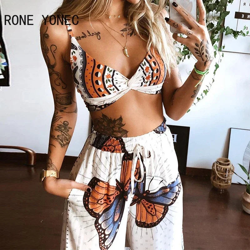 Frauen Zwei Stück Set Schmetterling Graphic Print Crop Top & Breite Bein Hosen Set Frauen Anzug