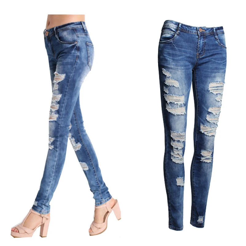 Women Jeans Blue Slim Ripped Jeans for Women Skinny Distressed Washed Stretch Denim Mom Jeans High Waist Pants Femme Bleached