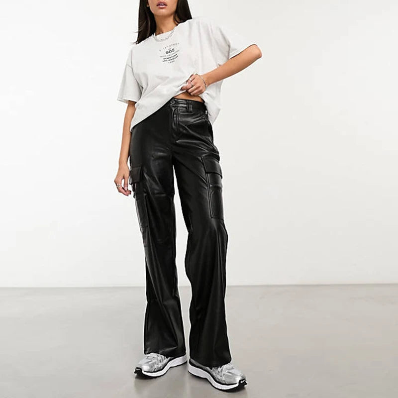 Women Casual Faux Leather Cargo Pants Unisex Fashion Loose PU Harajuku Straight Trousers Black Wide Leg Street Wear Custom New