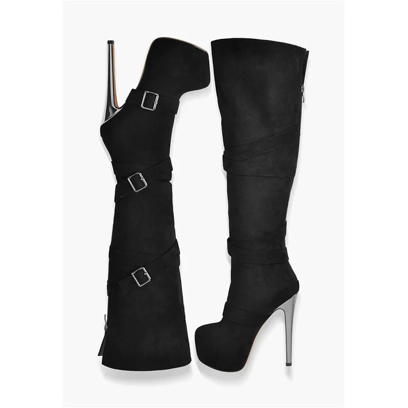 Only maker Frauen schwarze Plattform über dem Knie Stiefel 16cm High Heel Stiletto Schnalle High Back Reiß verschluss Plus Size Stiefel