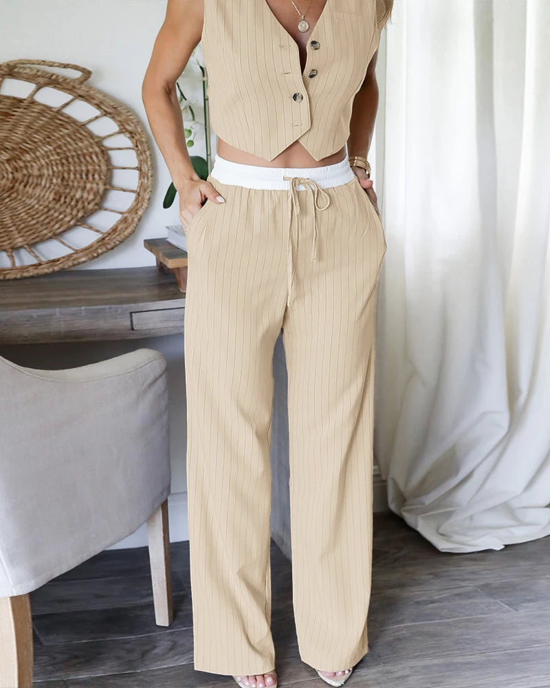 Gestreiftes Crop-Top mit V-Ausschnitt, lässige Hose mit weitem Bein und Taschen, Outfit für Damen, 2-teiliges Set