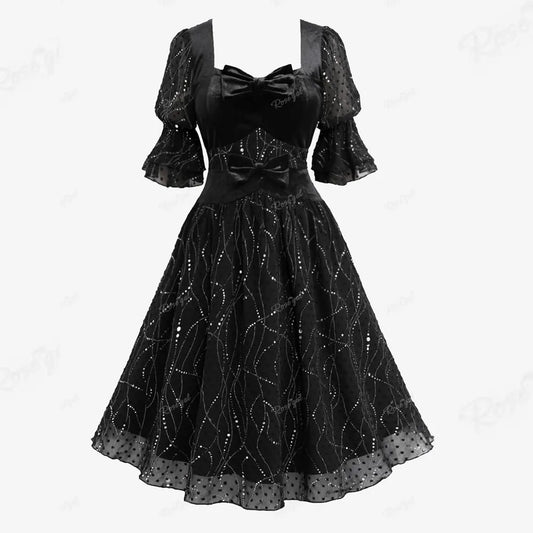 Rosegal Plus Size Gothic Kleider Bowknot Pailletten Schweizer Punkt geschichtet geraffte Abendkleid Frauen schwarz elegante Puff ärmel Vestidos