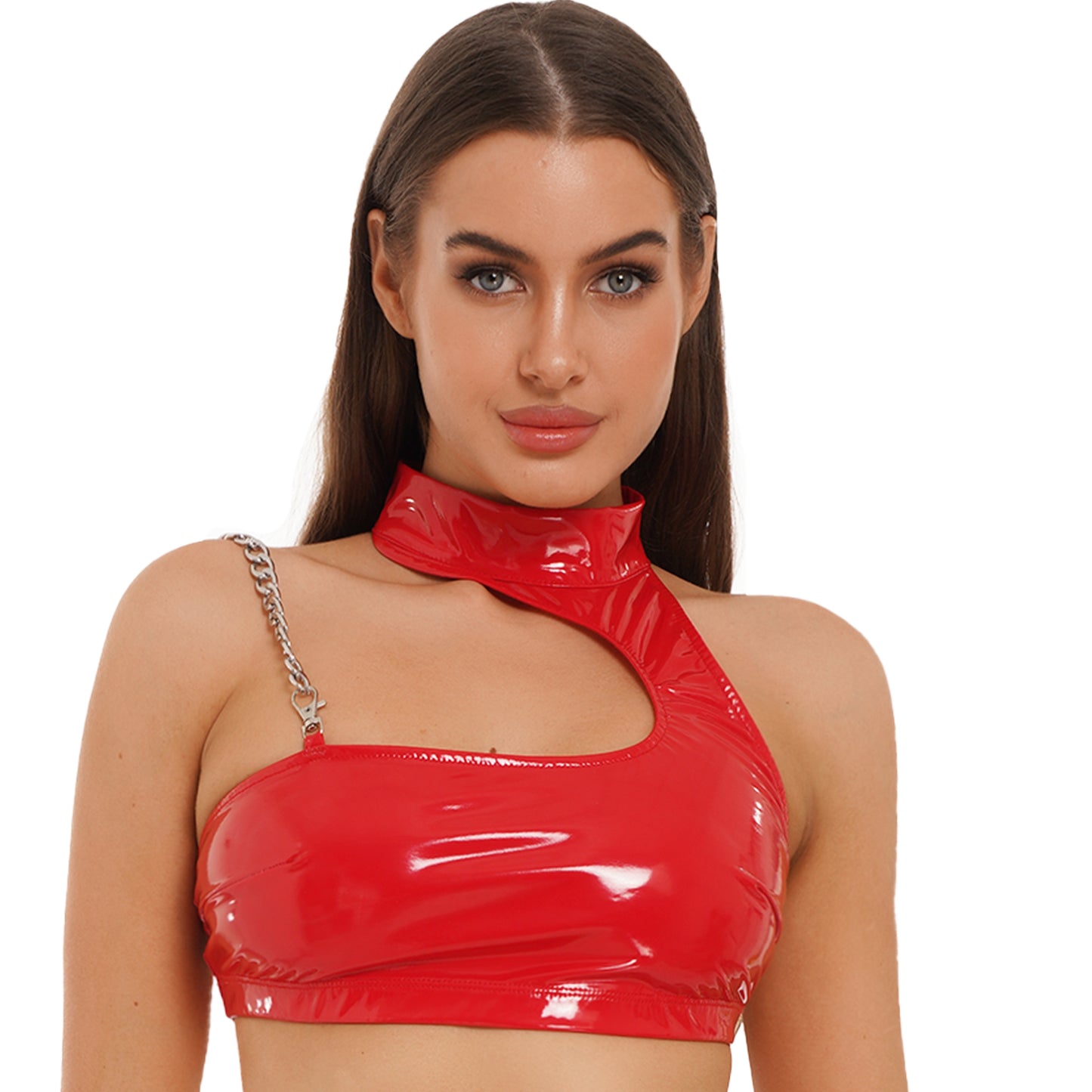 Frauen Mode Asymmetrische Schulter Halter Crop Top Metall Kette Riemen Weste Wet Look Patent Leder Backless Dessous Leibchen