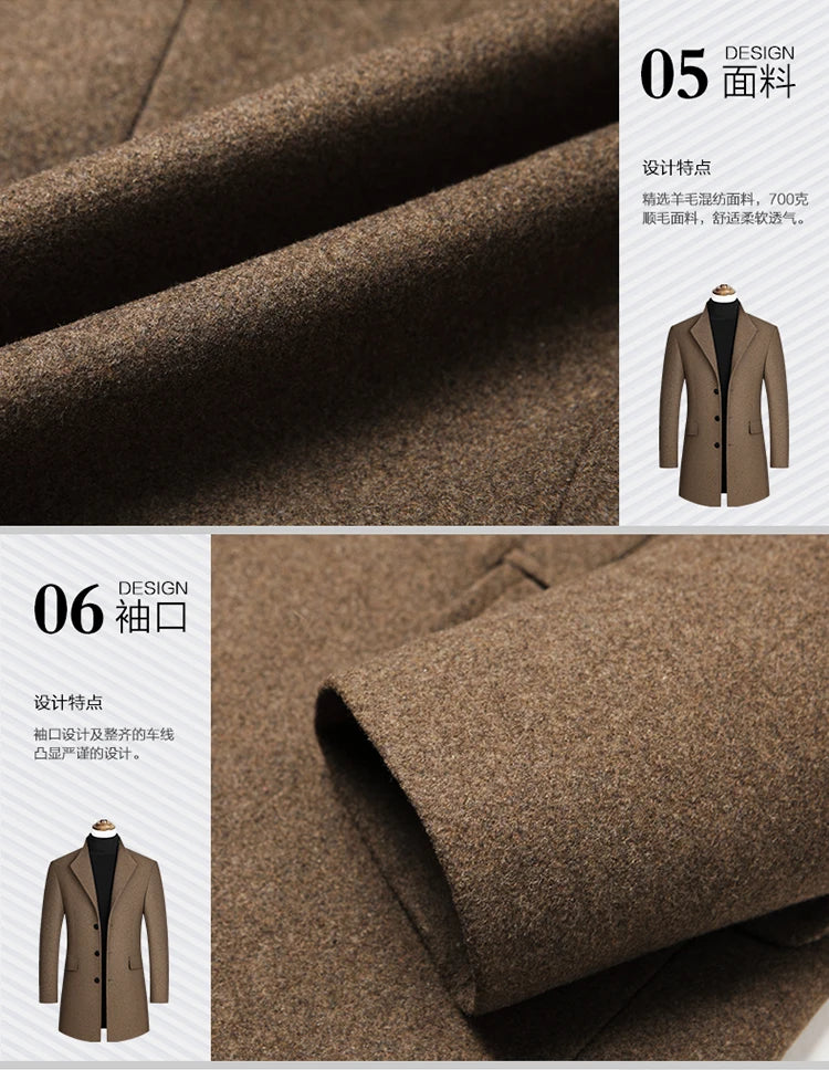 Herbst und Winter High-End-Marke Boutique Warme Woll Business Casual Woolen Langen Mantel Männliche Woo Jacke Grau Schwarz Kamel