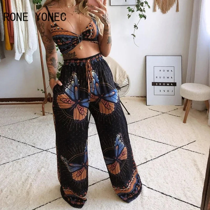 Frauen Zwei Stück Set Schmetterling Graphic Print Crop Top & Breite Bein Hosen Set Frauen Anzug