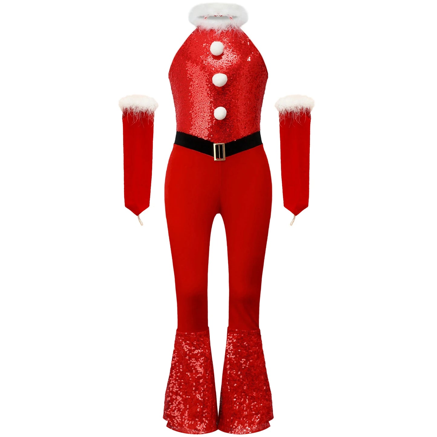 Girls Christmas Costume Santa Claus Velvet Sequins Bell Bottoms Jumpsuit with Arm Sleeve Merry Xmas Holiday Festive Outfits