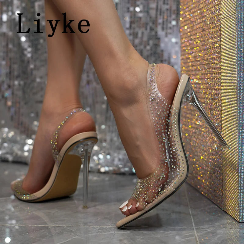 Liyke Sexy Pointed Open Toe Slingback Shoes Women Pumps Crystal Rhinestone PVC Transparent Sandals Party Club Stripper Heels