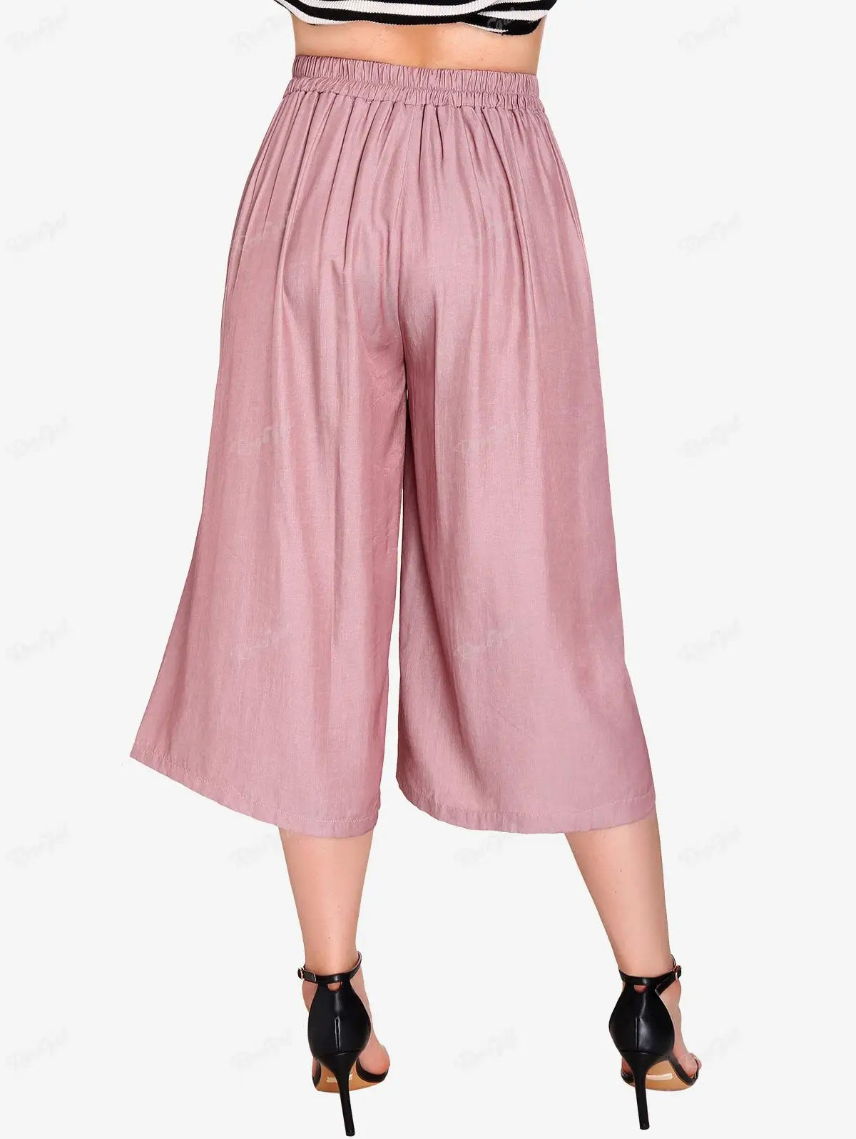 Rosegal Plus Size Schnür Culotte Hose mit Tasche hellrosa Frauen Frühling Sommer elastische Taille weites Bein Midi Hose Mujer