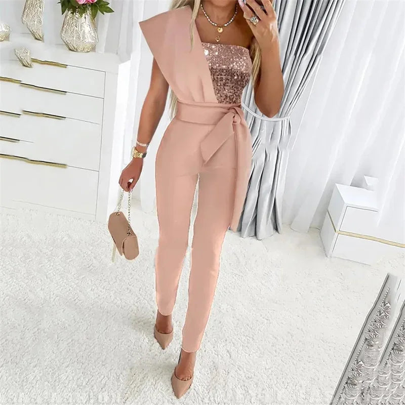 Mode Pailletten Dekoration Eine Schulter Backless Overall Frauen Weibliche Slim Fit Stretch Spitze-up Hohe Taille Zurück Zipper Strampler