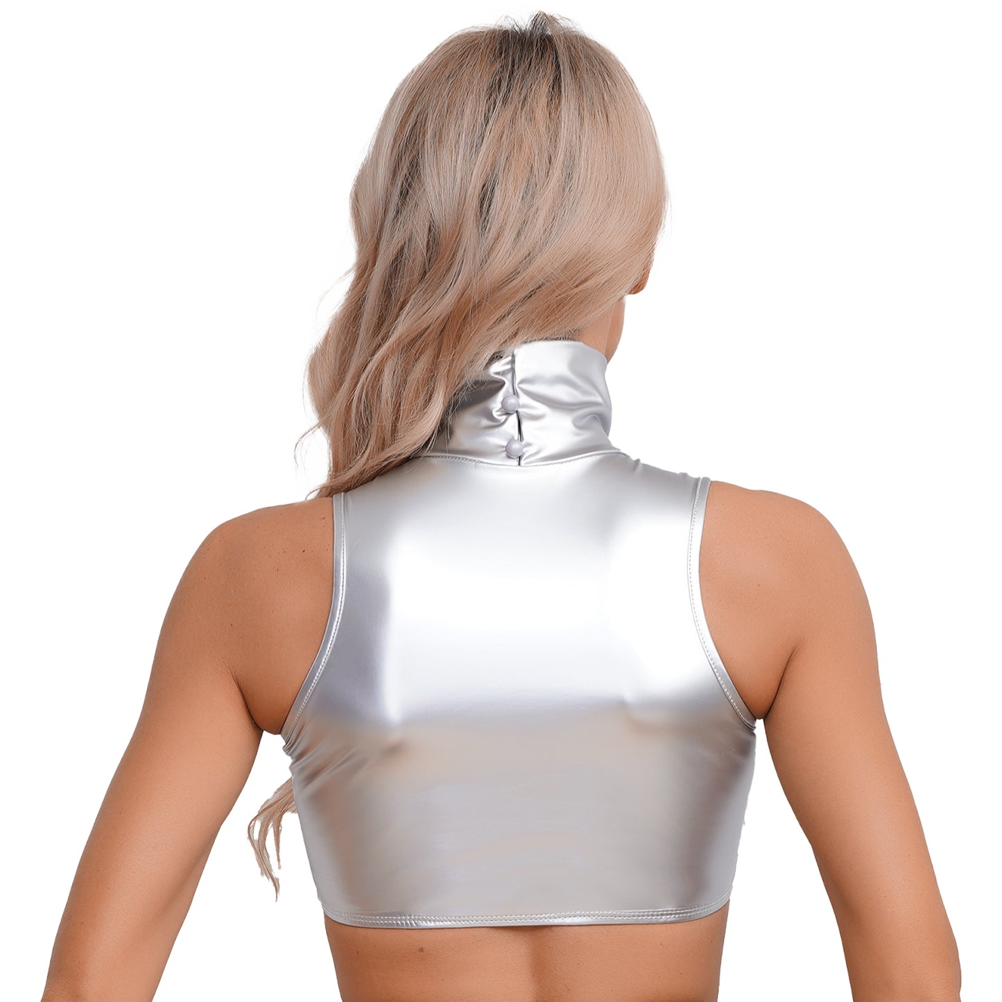 Damen exotische Tanks Clubwear Metallic glänzende Crop Top Weste solide Bodycon Neck holder ärmellose rücken freie Slim Fit T-Shirt Unterhemd Tops