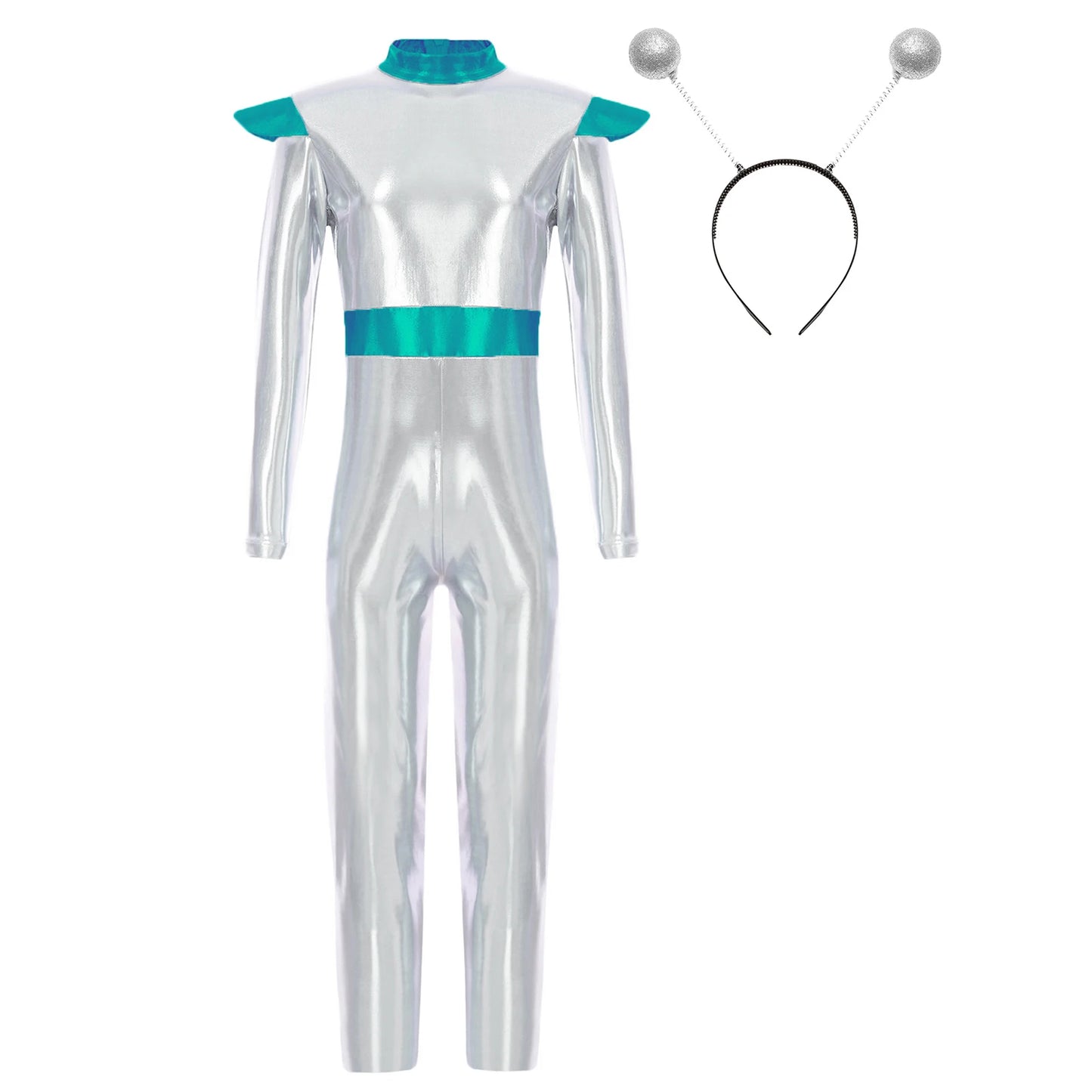 Kinder Mädchen Alien Kostüm Weltraum Kadett Holographische Metallic Ganzkörper Bodysuit Overall Halloween Party Cosplay Dress Up