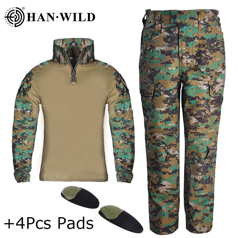 HAN WILD Children Military Uniform Suit Tactical Suits Combat Sets Boy Girl Camouflage Jungle Kids Summer Camp Clothes with Pads