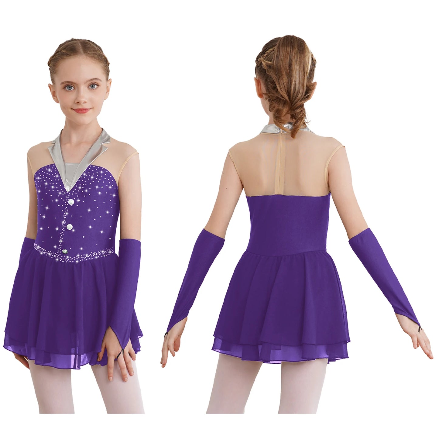 Kids Girls Figure Skating Costume Sequins Ballet Dance Dress with Fingerless Gloves Gymnastics Skirted Leotard Lyrical Dancewear