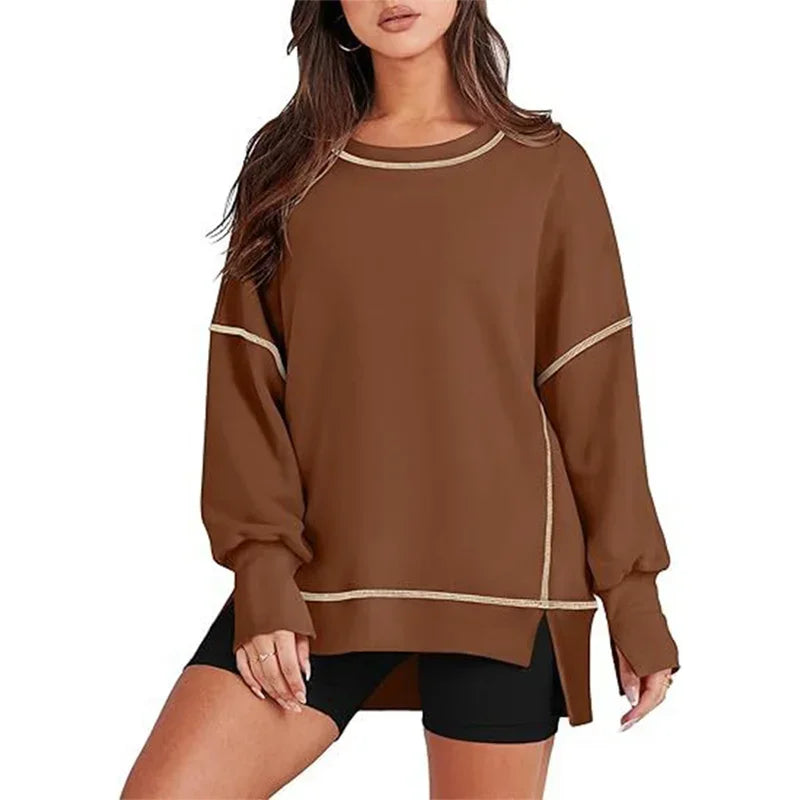 Mode Nähen Streifen Farbe Blockieren Sweatshirt Frauen Casual Laterne Langarm Hoodie Herbst Winter O Neck Pullover Weibliche Top