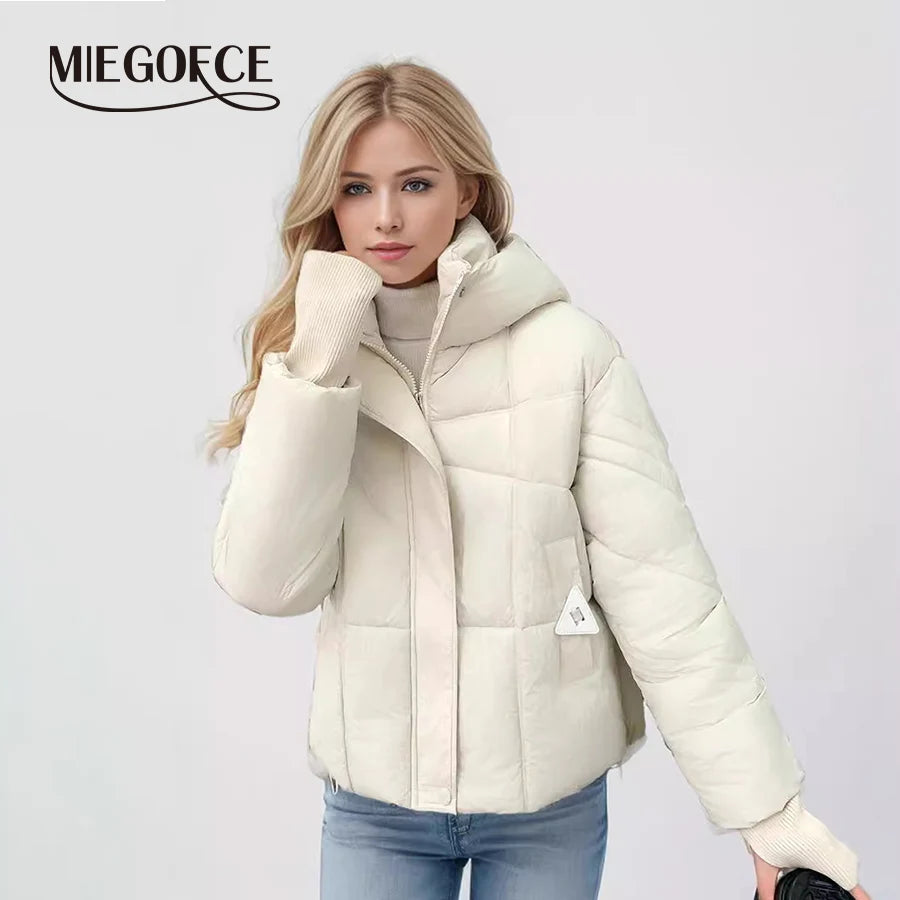 MIEGOFCE Frühling Herbst Kurze Frauen Jacke Große Tasche Stehkragen Mit Kapuze Mantel Warme Gestrickte Gewinde Hülse Parka MZ-24585