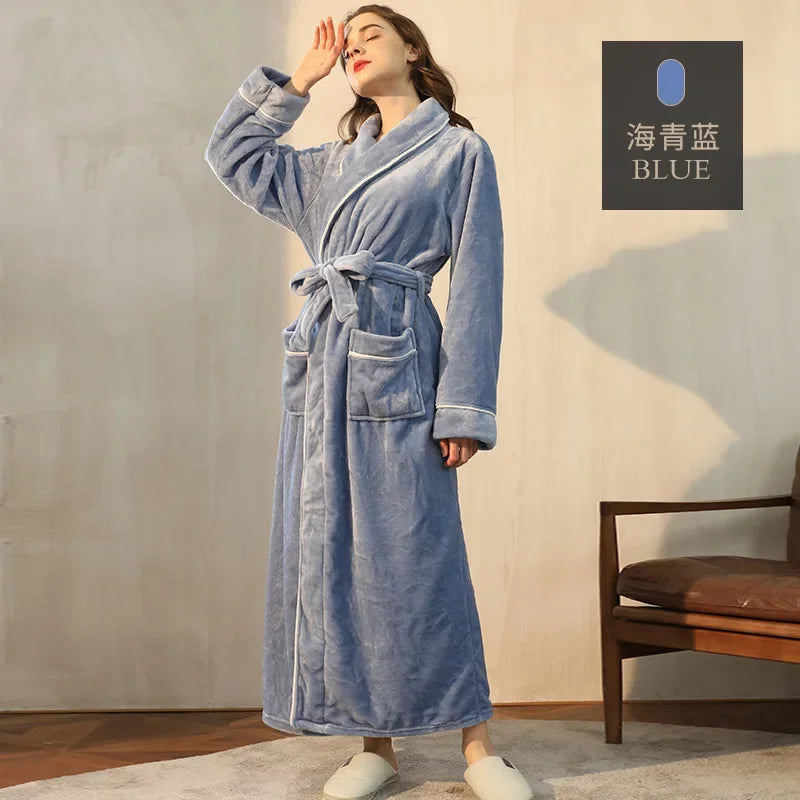 Frauen Große Größe 3Xl Kimono mit Tasche Herbst Winter Neue Bademantel Kleid Lose Homewear Lose Nachtwäsche Verdicken Flanell Loungewear