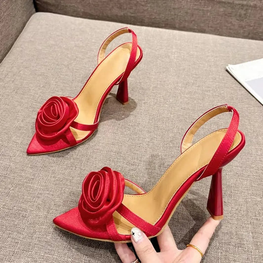 Liyke Mode-Design Grüne Seide Rose Blumen Frauen Hausschuhe Sandale Sexy Spitz Offene spitze Dünne High Heels Sommer Party Kleid Schuh