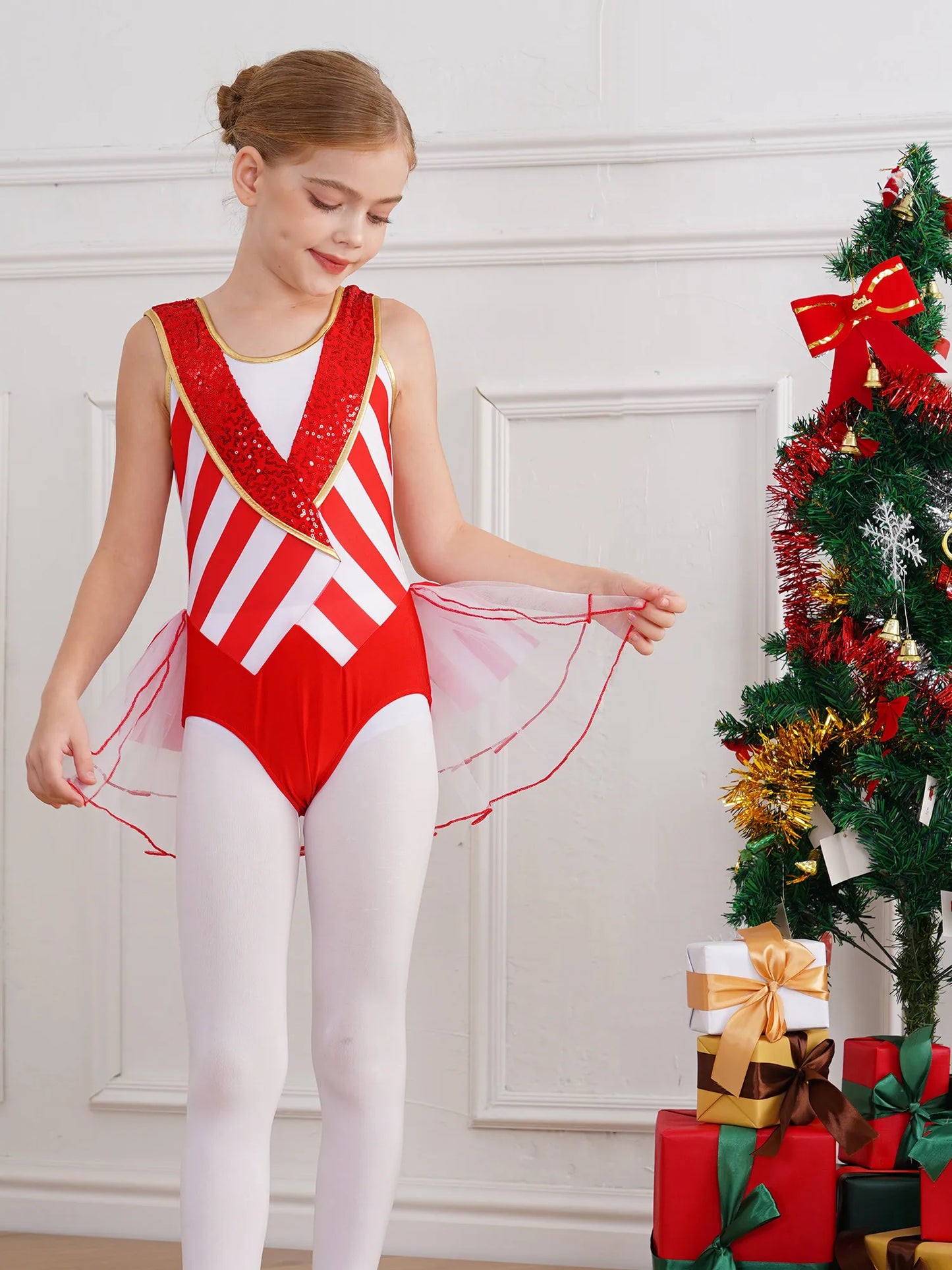 Kids Girls Sequins Candy Cane Christmas Costume Sleeveless Santa Sweetie Xmas Dance Gymnastics Leotards Dress for Holiday Party