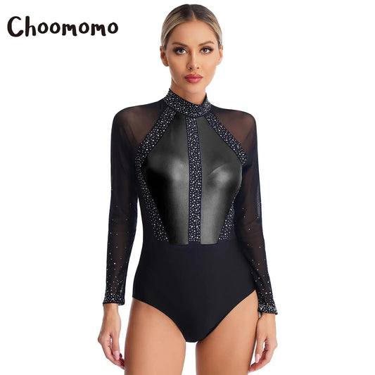 Funkelnde Strass steine für Damen Farb block Gymnastik Trikots Langarm Ballett Tanz Bodysuit Overall sportliche Tanz kleidung