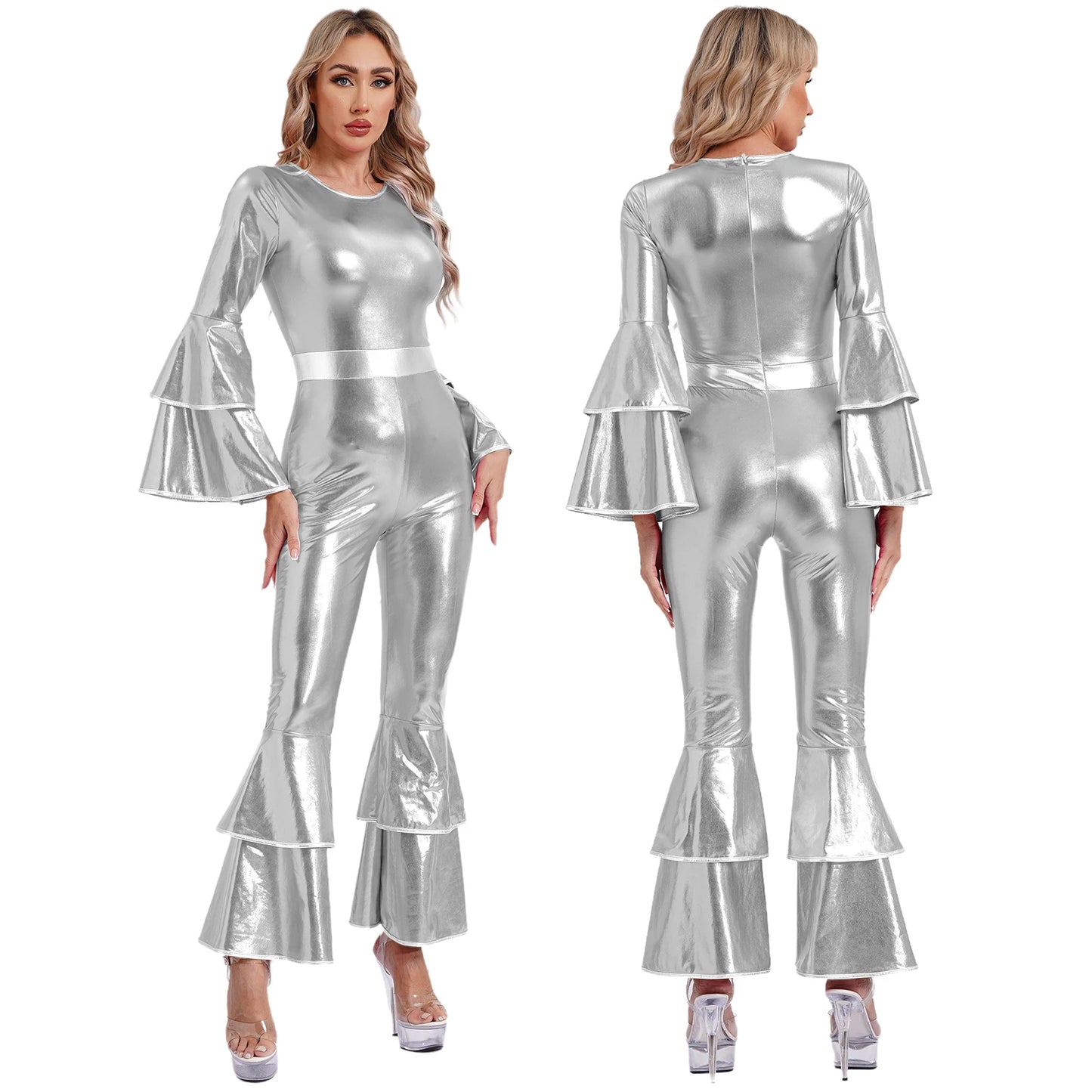 Damen Disco Kostüme sexy glänzend metallisch Retro Tanz Overall 70er 80er Jahre Hippie-Thema Party Halloween Cosplay Kostüm