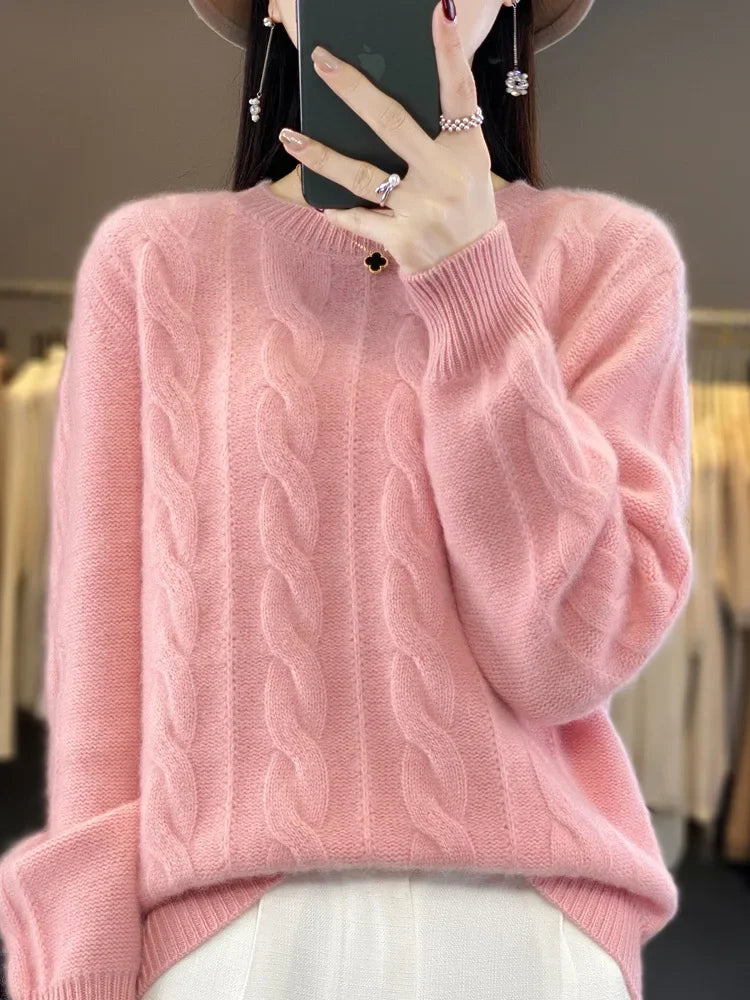 Frauen Winter Pullover 100% Merino Wolle Dicke Warme Oansatz Pullover Twist Blume Kaschmir Strickwaren Casual Koreanische Beliebte Kleidung