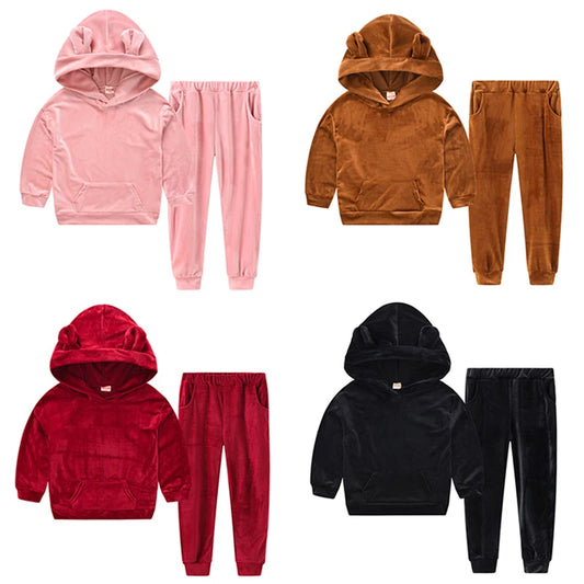 Gold Samt Baby Mädchen Kleidung Sets Herbst Einfarbig Hoodies Und Hosen 2Pcs Kleine Prinzessin Anzug 2 3 4 5 6 jahre Kinder Kleidung