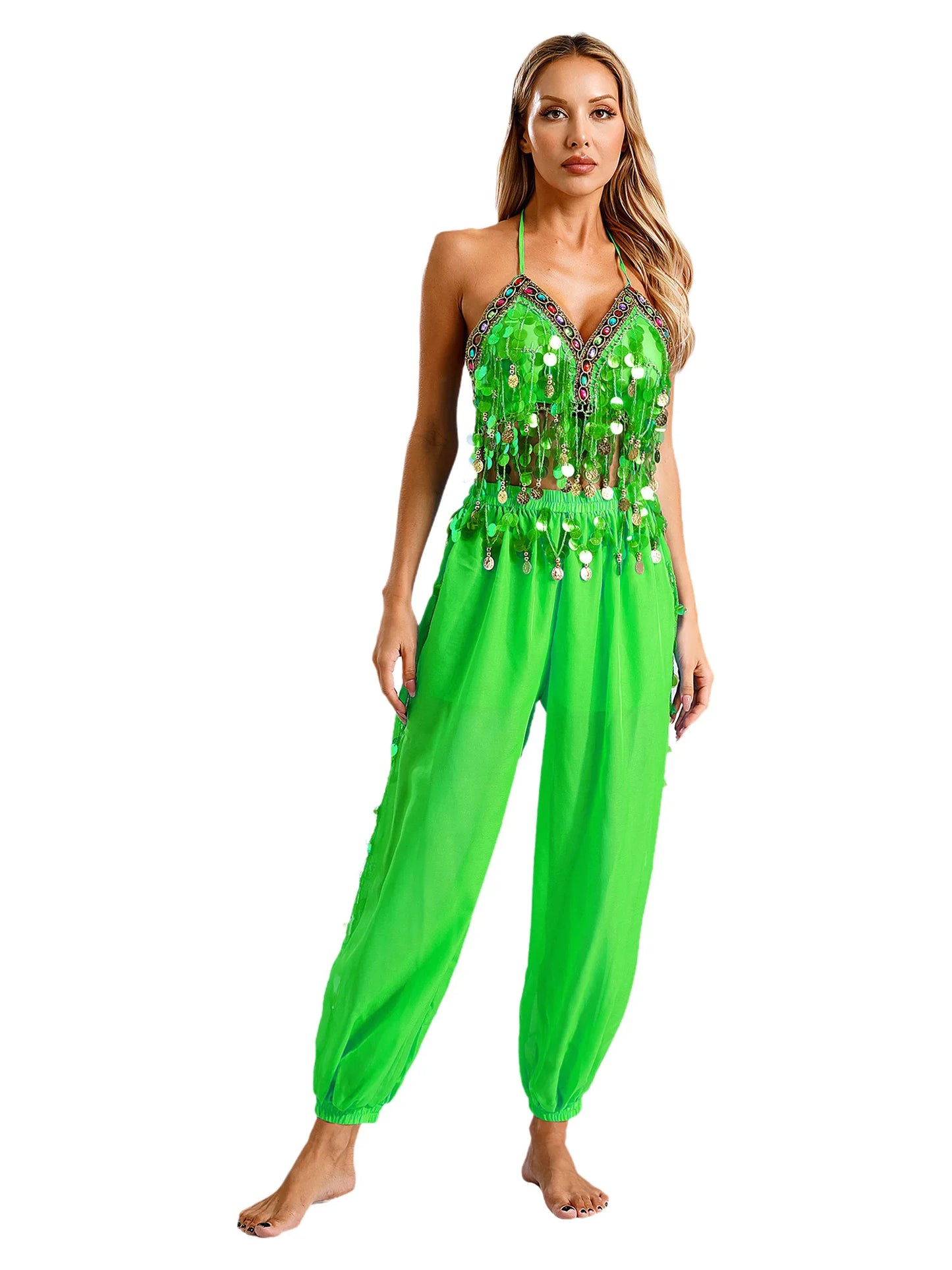 Damen Bauchtanz Outfit Pailletten Tops mit Harems hosen Halloween Kostüm Bollywood indischen Tanz Bühne Performance Kostüm