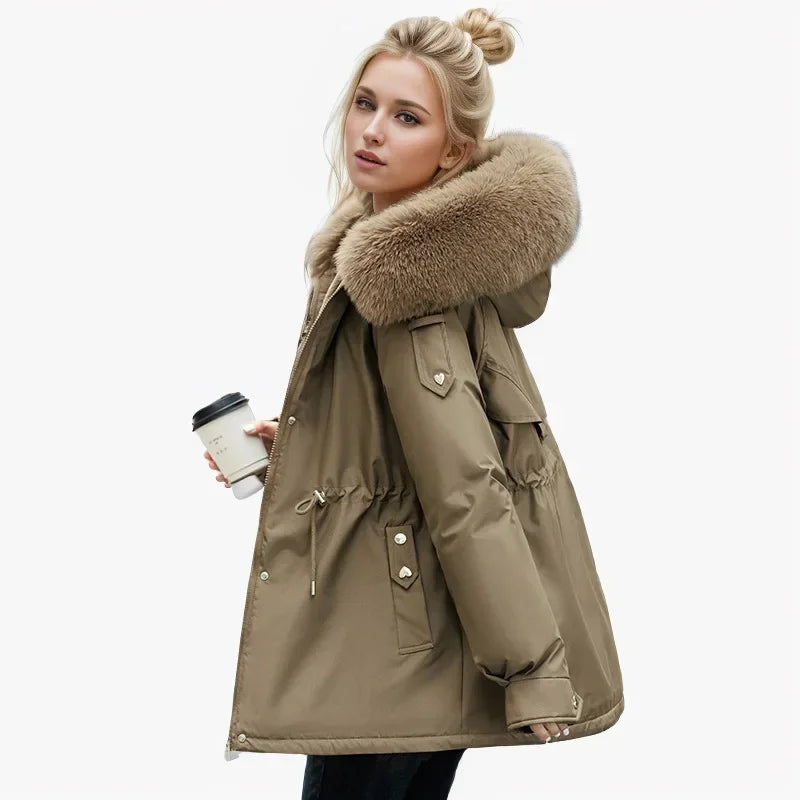 Frauen Parka Mode Lang mantel Wolle Liner Kapuze Parkas 2024 neue Winter jacke schlank mit Pelz kragen warmer Schnee tragen gepolsterte Kleidung