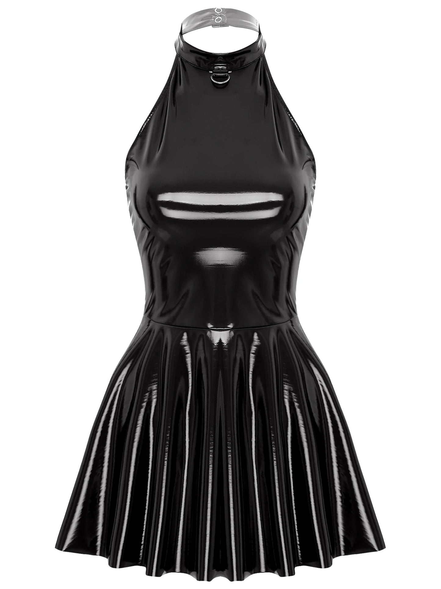 Damen Wet Look Lack leder Halfter rücken frei Skater Mini A-Linie Kleid Vinyl Latex glänzend Cocktail Party Club Kleider Clubwear