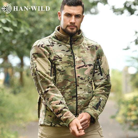 HAN WILD Tactical Army Fleece Jacket Military Thermal Warm Camouflage Hunting Coats Mens Safari Jacket Outwear Windbreaker