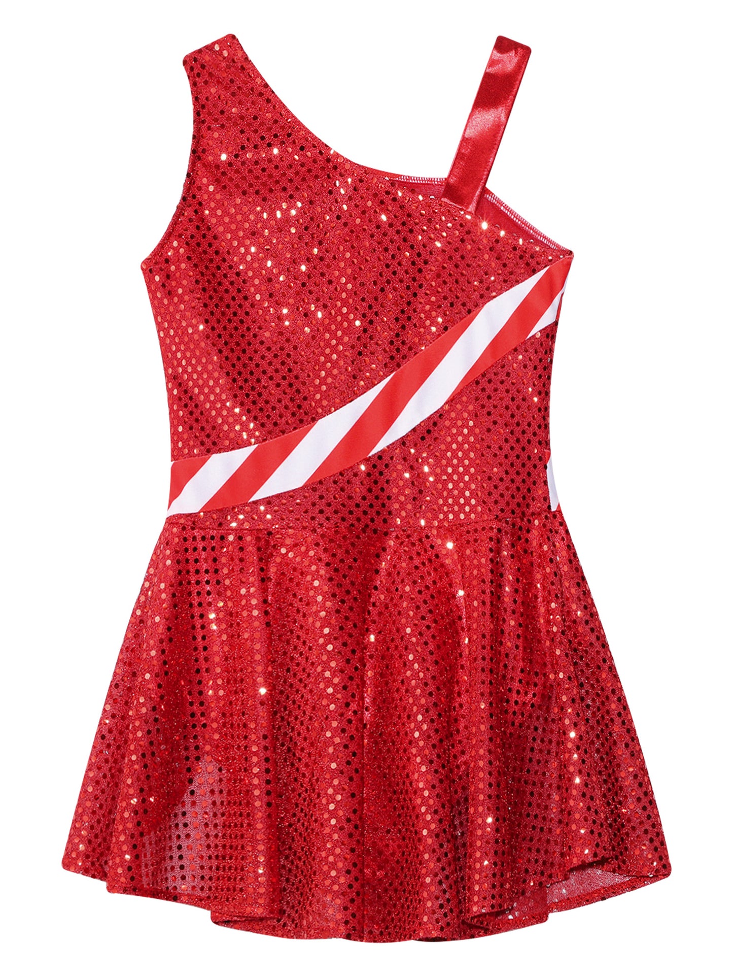 Kids Girls Shiny Sequins Christmas Dance Dresses Xmas Santa Claus Candy Cane Costume Figure Ice Skating Performance Dress