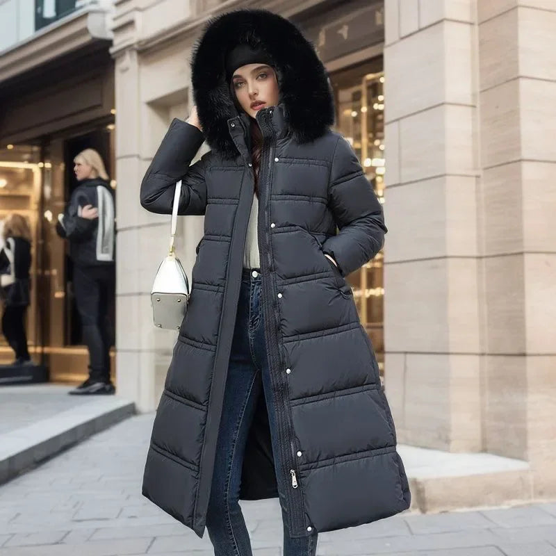 2024 Frauen neue Jacke Parkas Pelz kragen Daunen Baumwoll jacke Winter Kapuze lange Parka warme weibliche gepolsterte Jacke Freizeit Outwear - Blockshop.store