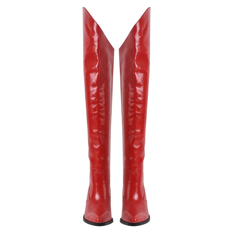 Onlymaker Damen-Overknee-Stiefel, rot, spitzer Zehenbereich, 6,5 cm Absatz, Winter-Oberschenkelstiefel