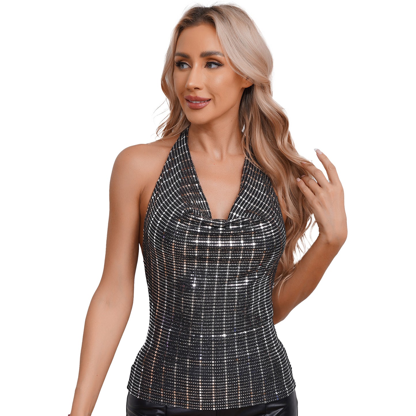 Damen exotische Tanks Clubwear Metallic glänzende Crop Top Weste solide Bodycon Neck holder ärmellose rücken freie Slim Fit T-Shirt Unterhemd Tops