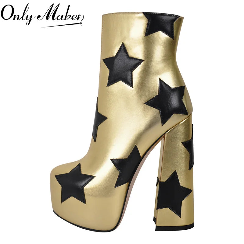 Only maker Frauen runde Zehen Plattform Stiefeletten klobige High Heel Seite Reiß verschluss Mode Gold Stiefeletten