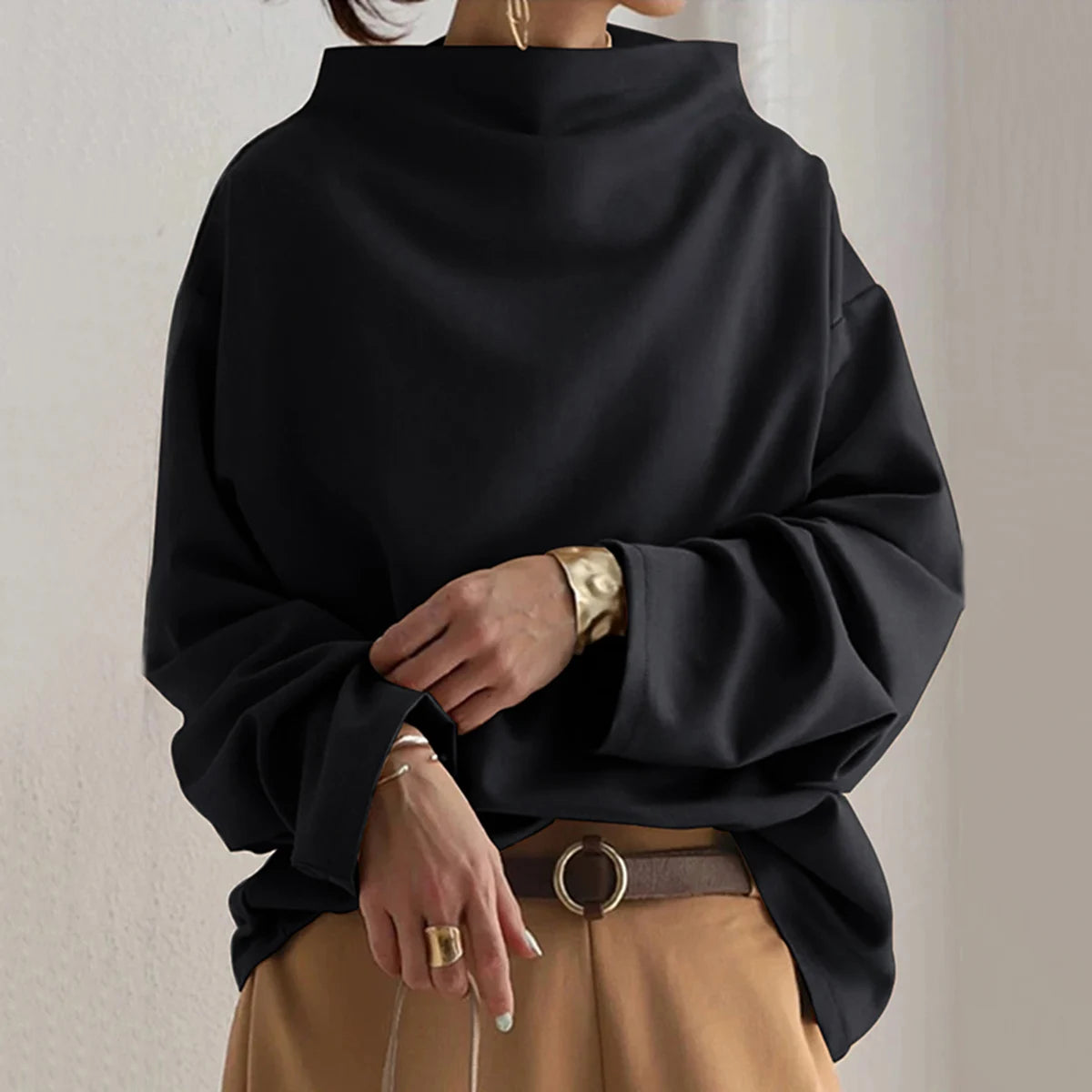 Yeezzi Frühling Weibliche Tops Mode Lässig Einfarbig High-Neck Long Sleeves Baumwolle Schwarz Shirts Für Frauen 2023