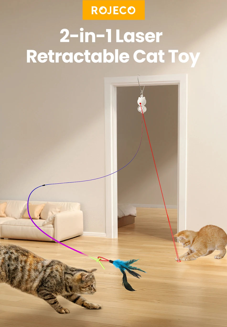 ROJECO 2-in-1-Katzenspielzeug, automatisches Katzen-Laserspielzeug, einziehbare hängende Feder, Katzenstäbchen, Haustier, Kätzchen, selbsthey, interaktives lustiges Spielzeug